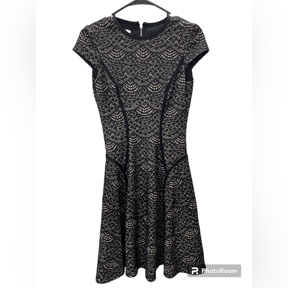 Maggy London Lace Fit & Flare Midi Dress Black & Beige Size 2 - Picture 1 of 7